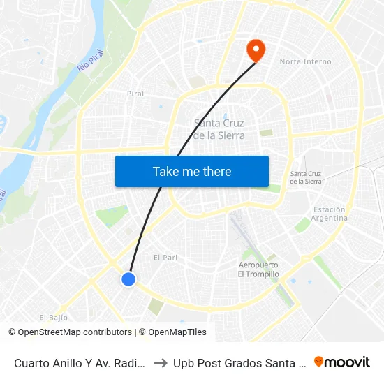 Cuarto Anillo Y Av. Radial 16 to Upb Post Grados Santa Cruz map