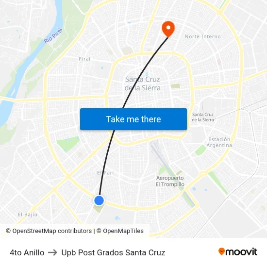 4to Anillo to Upb Post Grados Santa Cruz map