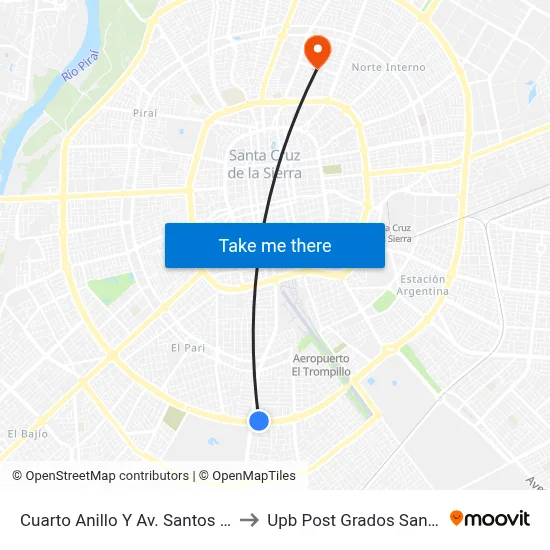 Cuarto Anillo Y Av. Santos Dumont to Upb Post Grados Santa Cruz map