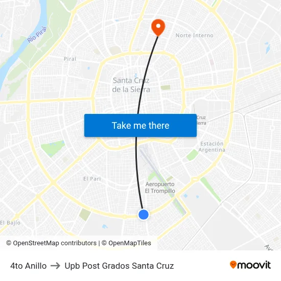 4to Anillo to Upb Post Grados Santa Cruz map