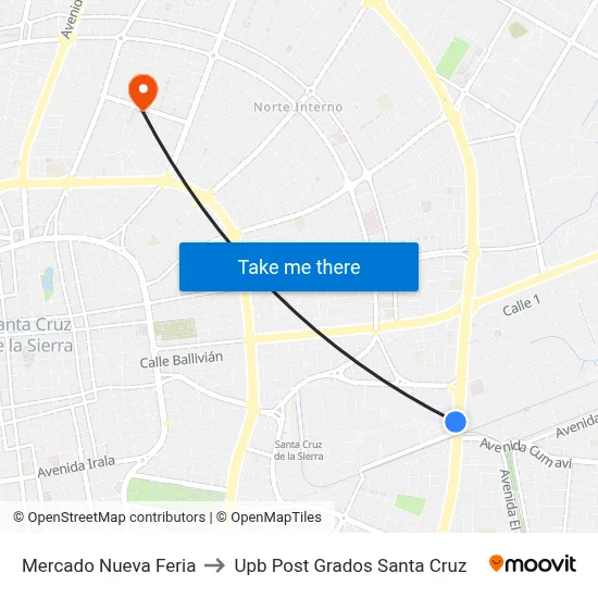 Mercado Nueva Feria to Upb Post Grados Santa Cruz map
