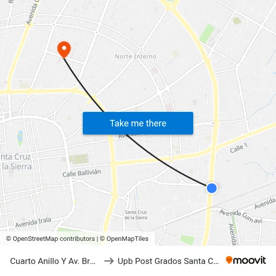 Cuarto Anillo Y Av. Brasil to Upb Post Grados Santa Cruz map