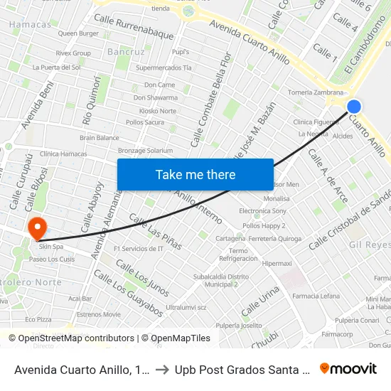 Avenida Cuarto Anillo, 1160 to Upb Post Grados Santa Cruz map