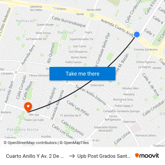Cuarto Anillo Y Av. 2 De Agosto to Upb Post Grados Santa Cruz map