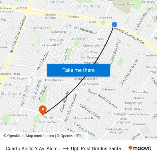 Cuarto Anillo Y Av. Alemania to Upb Post Grados Santa Cruz map