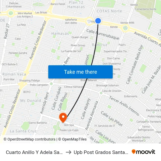 Cuarto Anillo Y Adela Salmón to Upb Post Grados Santa Cruz map