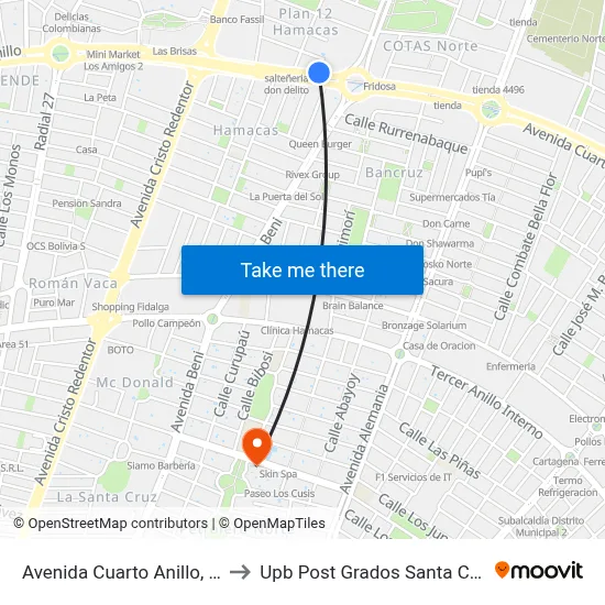 Avenida Cuarto Anillo, 15 to Upb Post Grados Santa Cruz map