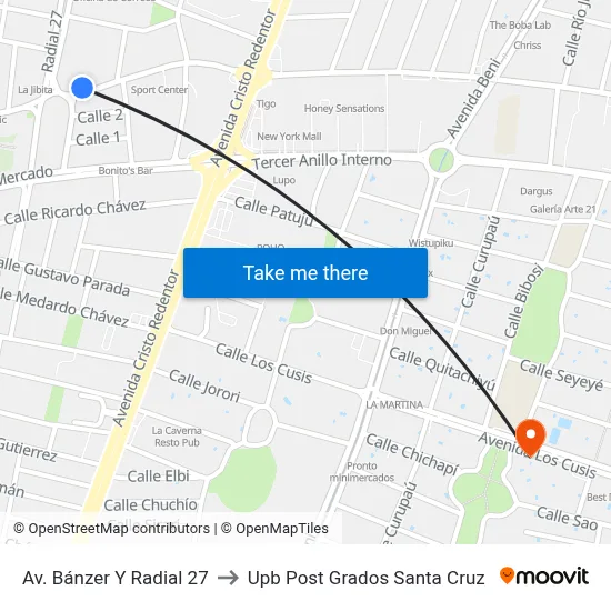 Av. Bánzer Y Radial 27 to Upb Post Grados Santa Cruz map