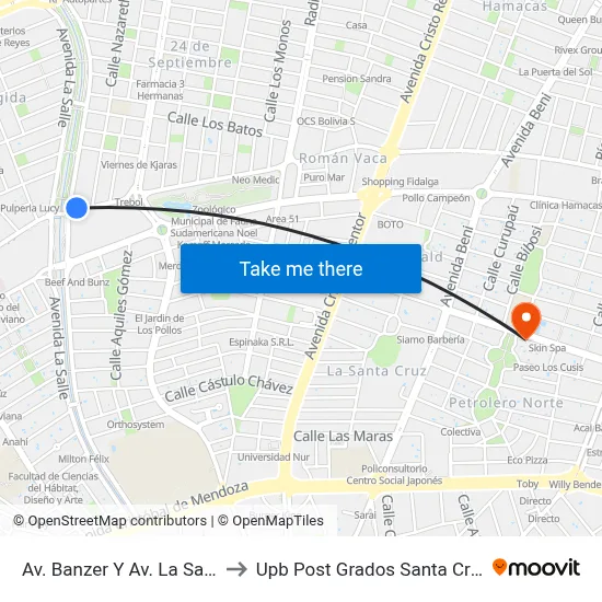 Av. Banzer Y Av. La Salle to Upb Post Grados Santa Cruz map