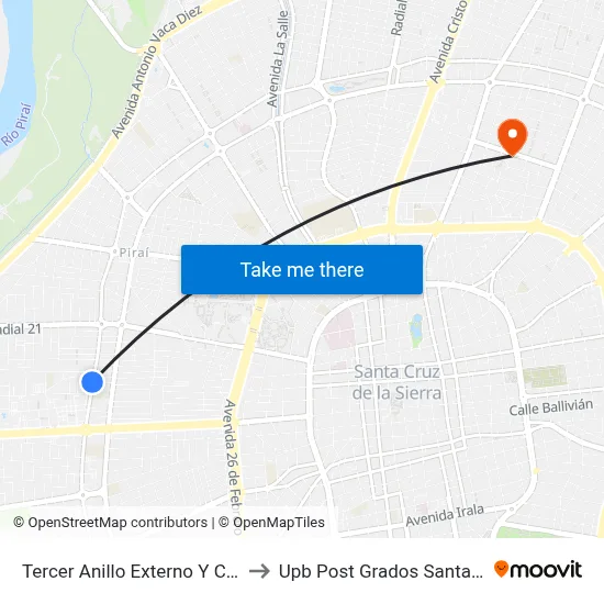 Tercer Anillo Externo Y Calle 2 to Upb Post Grados Santa Cruz map