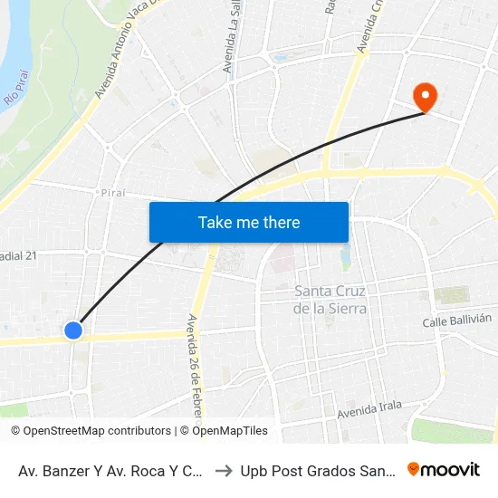 Av. Banzer Y Av. Roca Y Coronado to Upb Post Grados Santa Cruz map