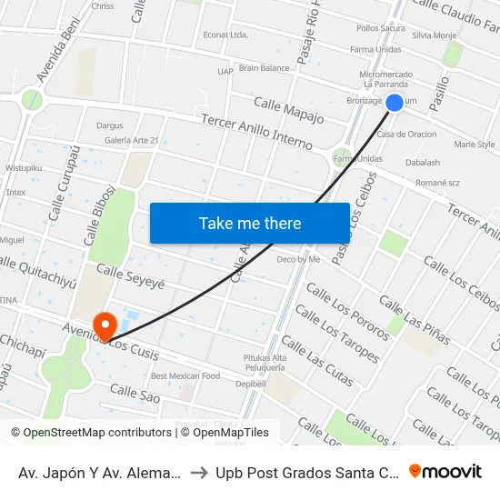 Av. Japón Y Av. Alemania to Upb Post Grados Santa Cruz map