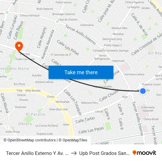 Tercer Anillo Externo Y Av. Paraguá to Upb Post Grados Santa Cruz map