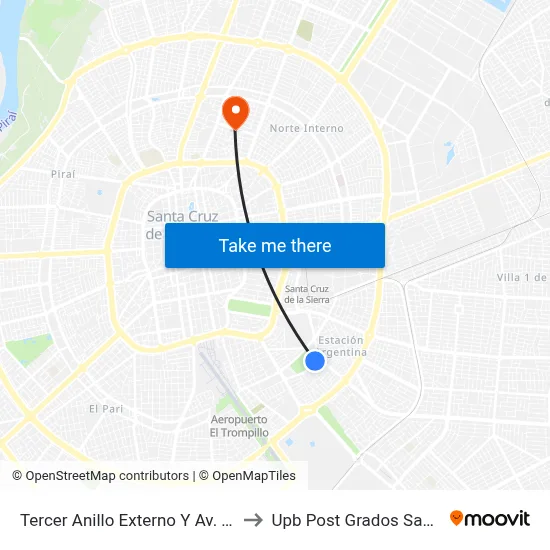 Tercer Anillo Externo Y Av. Radial 10 to Upb Post Grados Santa Cruz map