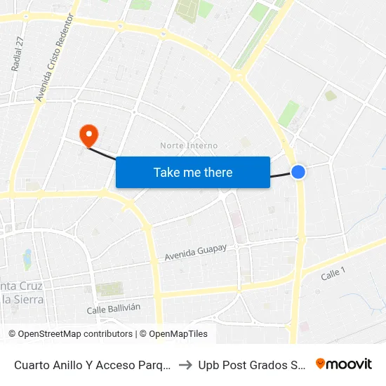 Cuarto Anillo Y Acceso Parque Industrial to Upb Post Grados Santa Cruz map