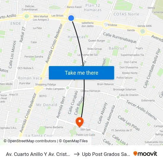 Av. Cuarto Anillo Y Av. Cristo Redentor to Upb Post Grados Santa Cruz map