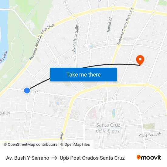 Av. Bush Y Serrano to Upb Post Grados Santa Cruz map