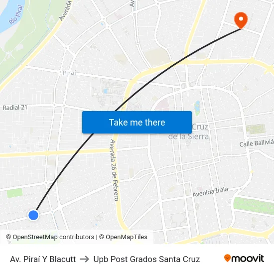 Av. Piraí Y Blacutt to Upb Post Grados Santa Cruz map