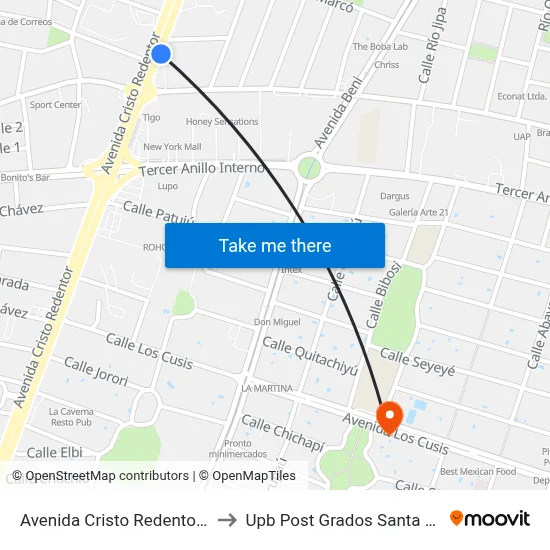 Avenida Cristo Redentor, 60 to Upb Post Grados Santa Cruz map