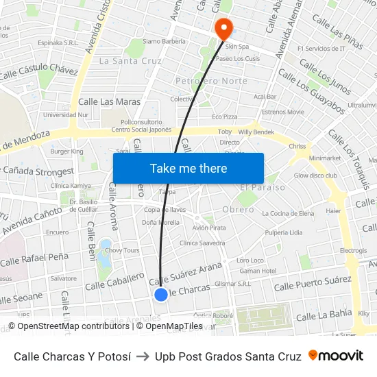 Calle Charcas Y Potosí to Upb Post Grados Santa Cruz map
