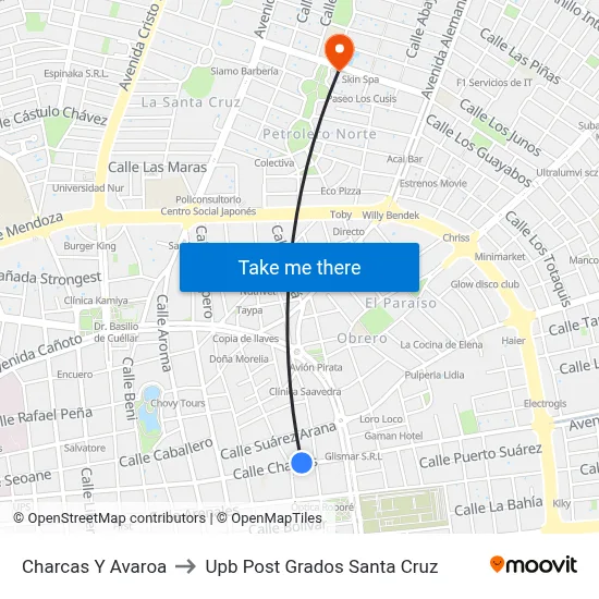 Charcas Y Avaroa to Upb Post Grados Santa Cruz map