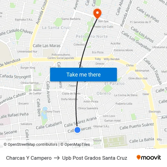 Charcas Y Campero to Upb Post Grados Santa Cruz map