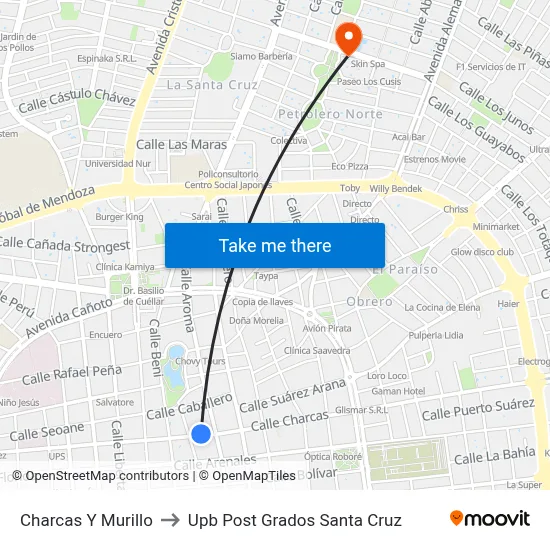 Charcas Y Murillo to Upb Post Grados Santa Cruz map