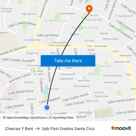 Charcas Y Beni to Upb Post Grados Santa Cruz map