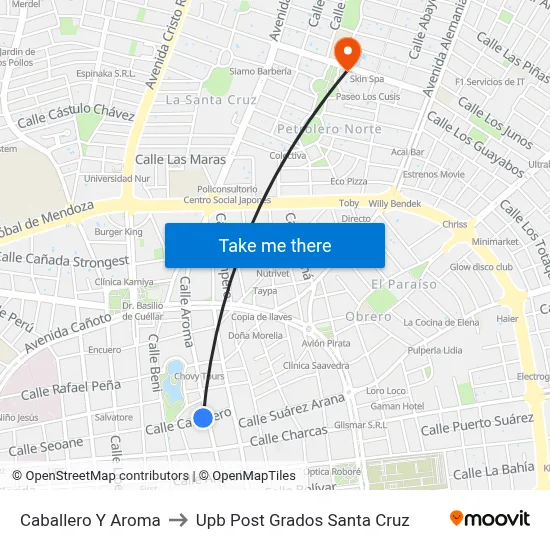 Caballero Y Aroma to Upb Post Grados Santa Cruz map