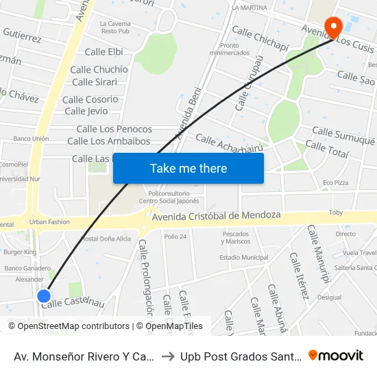 Av. Monseñor Rivero Y Castelnau to Upb Post Grados Santa Cruz map