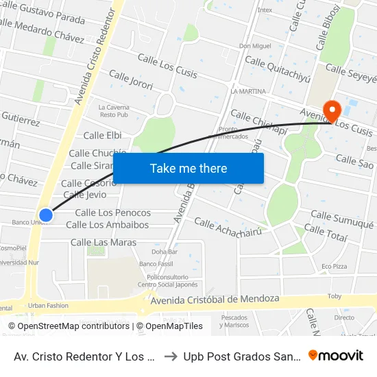 Av. Cristo Redentor Y Los Penocos to Upb Post Grados Santa Cruz map