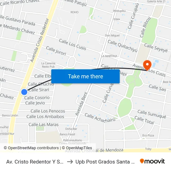 Av. Cristo Redentor Y Sirari to Upb Post Grados Santa Cruz map
