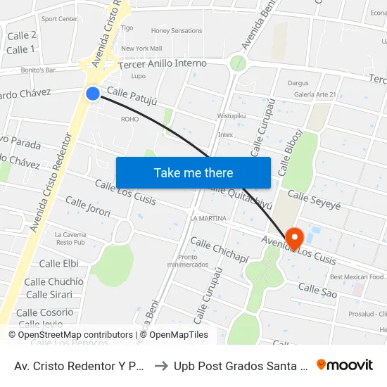 Av. Cristo Redentor Y Patujú to Upb Post Grados Santa Cruz map