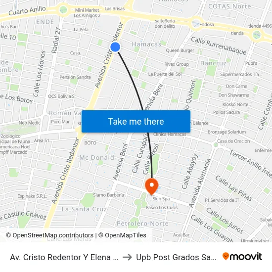 Av. Cristo Redentor Y Elena De Ibañez to Upb Post Grados Santa Cruz map
