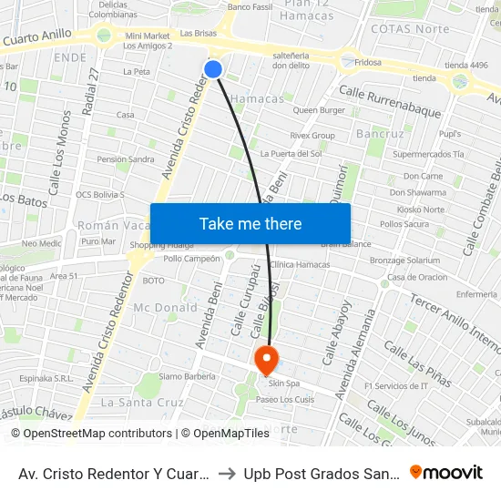 Av. Cristo Redentor Y Cuarto Anillo to Upb Post Grados Santa Cruz map