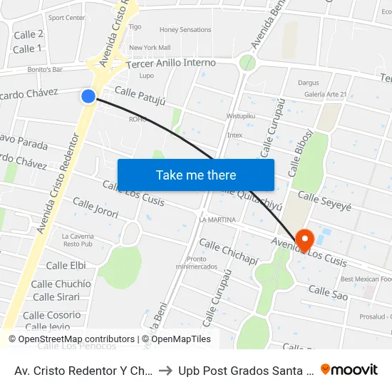 Av. Cristo Redentor Y Chávez to Upb Post Grados Santa Cruz map