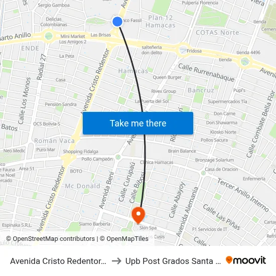 Avenida Cristo Redentor, 748 to Upb Post Grados Santa Cruz map