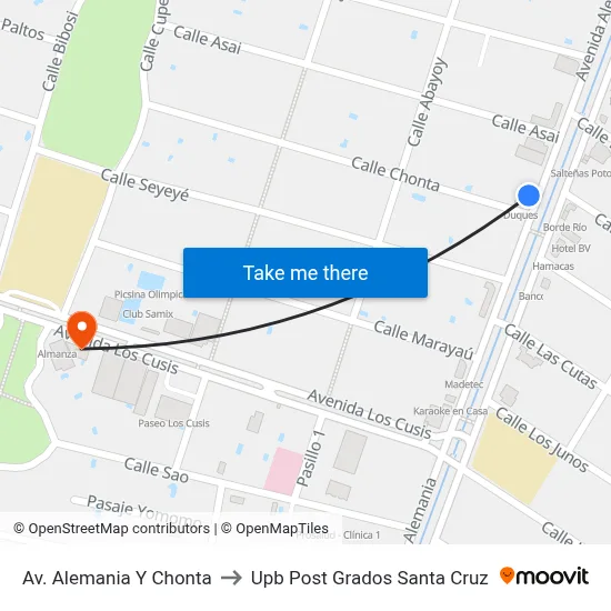 Av. Alemania Y Chonta to Upb Post Grados Santa Cruz map