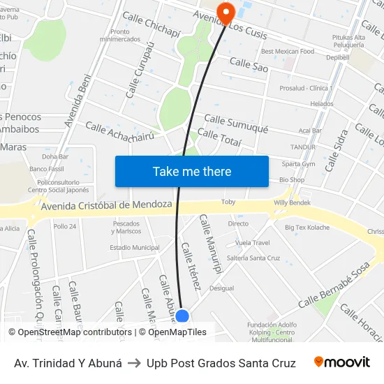 Av. Trinidad Y Abuná to Upb Post Grados Santa Cruz map
