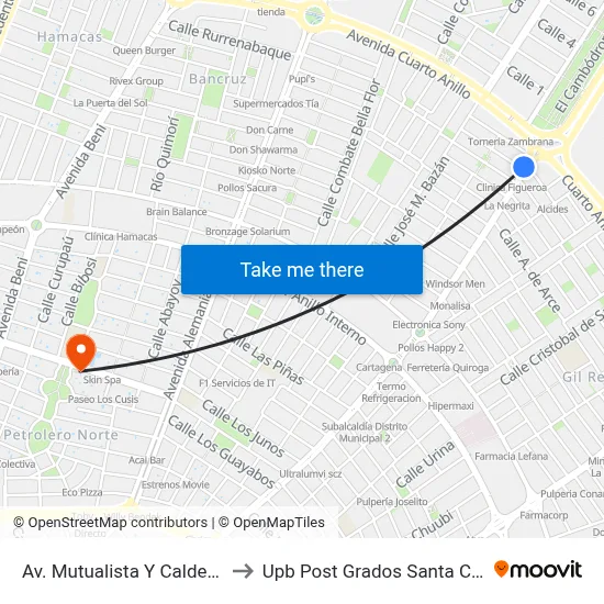 Av. Mutualista Y Calderón to Upb Post Grados Santa Cruz map