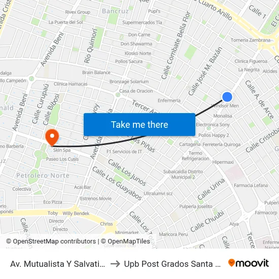Av. Mutualista Y Salvatierra to Upb Post Grados Santa Cruz map