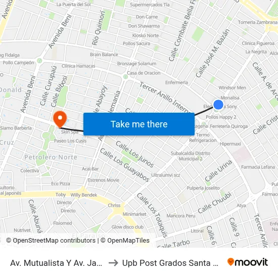 Av. Mutualista Y Av. Japón to Upb Post Grados Santa Cruz map