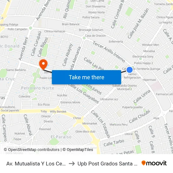 Av. Mutualista Y Los Ceibos to Upb Post Grados Santa Cruz map