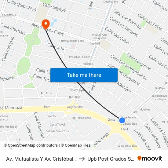 Av. Mutualista Y Av. Cristóbal De Mendoza to Upb Post Grados Santa Cruz map