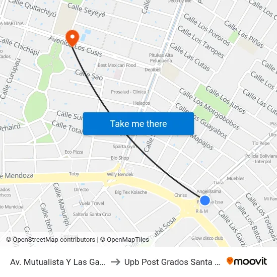 Av. Mutualista Y Las Garzas to Upb Post Grados Santa Cruz map