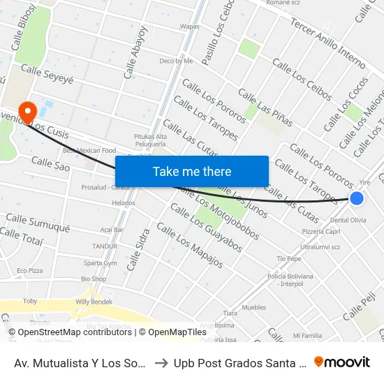 Av. Mutualista Y Los Socorís to Upb Post Grados Santa Cruz map