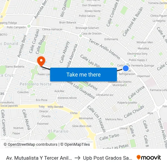 Av. Mutualista Y Tercer Anillo Interno to Upb Post Grados Santa Cruz map