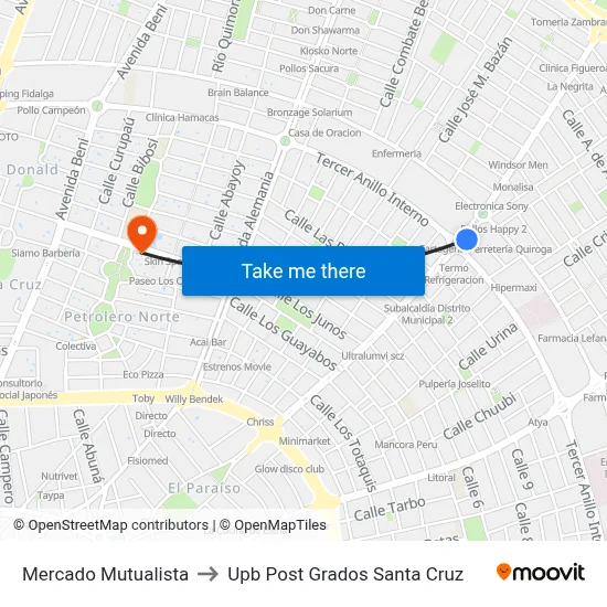 Mercado Mutualista to Upb Post Grados Santa Cruz map