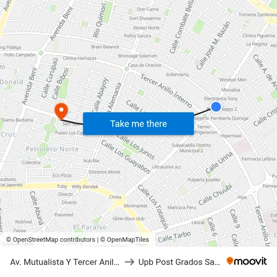 Av. Mutualista Y Tercer Anillo Externo to Upb Post Grados Santa Cruz map