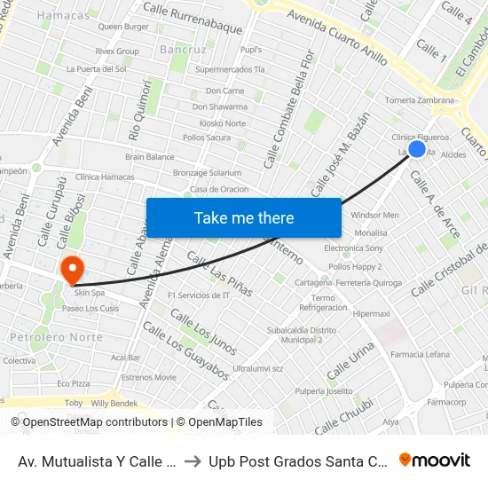 Av. Mutualista Y Calle 22 to Upb Post Grados Santa Cruz map